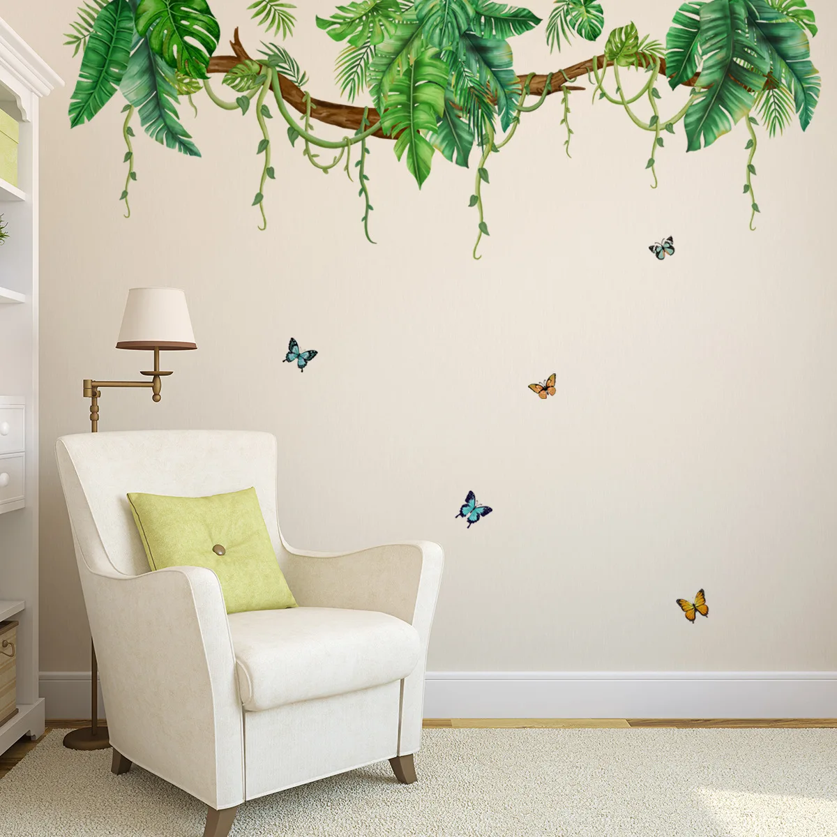 M47 Tropische Blätter Zweig Wandtattoos Hängende Ranken Grünpflanzen Schmetterling Wandaufkleber Wohnzimmer Schlafzimmer Büro Wanddekoration – Detail 2