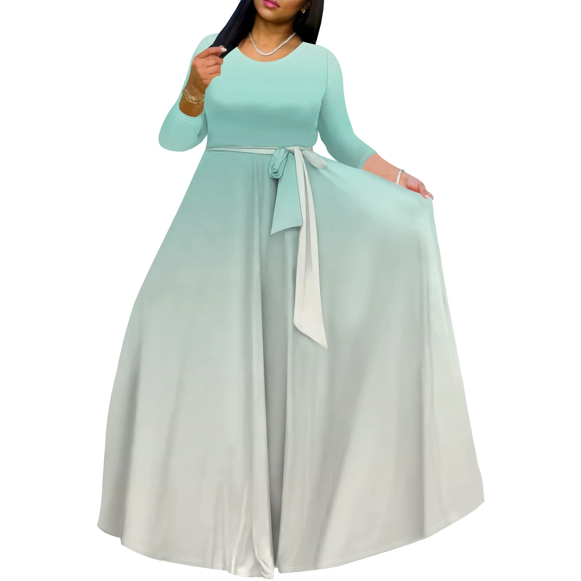 Plus Size Dresses for Curvy Women Sexy Long Sleeve Round Neck Wrap Floor Length Maxi Sundress with Belt Maxi Dress