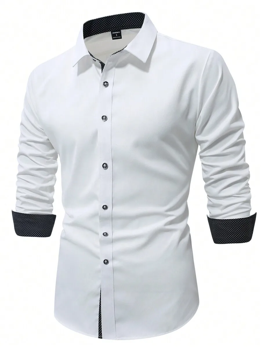 

Men's White Long Sleeve Button-Down Shirt with Polka Dot Contrast Cuffs and Collar