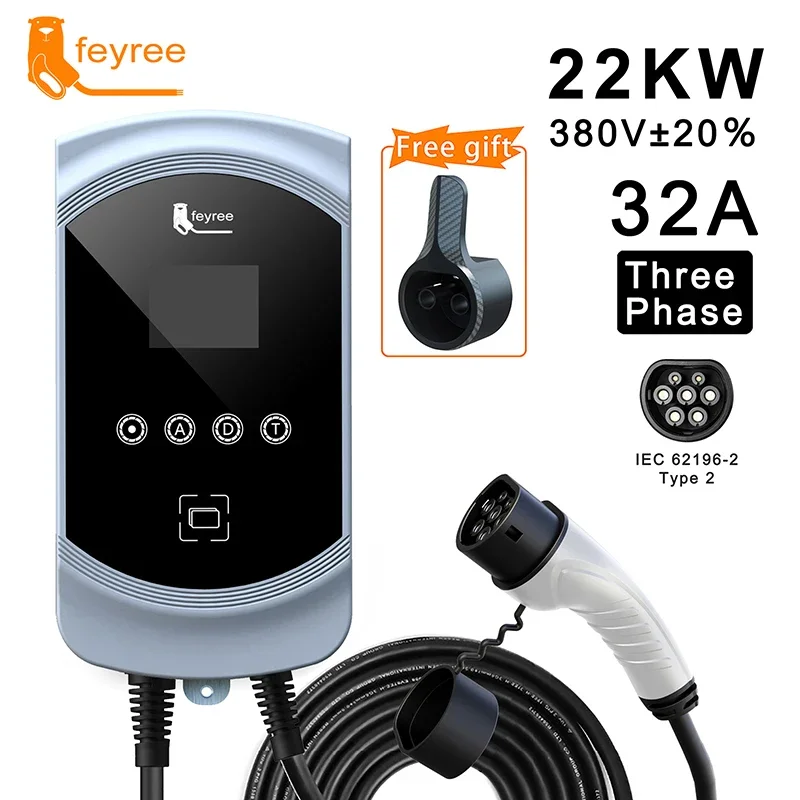 Feyree Type2 EV Charger EVSE Wallbox 32A 7.6KW con adattatore IEC62196-2 stazione di ricarica per montaggio a parete cavo da 5m per veicoli elettrici