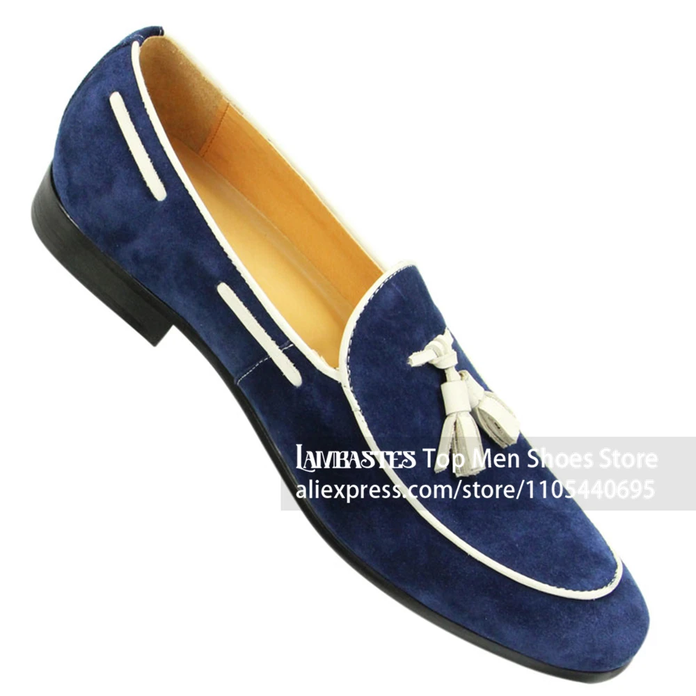Navy Blue Suede Tassel Loafers for Men White Contrast Trim Slip on Casual Dress Loafers Suede Leather Tassel Loafer Dress Shoes