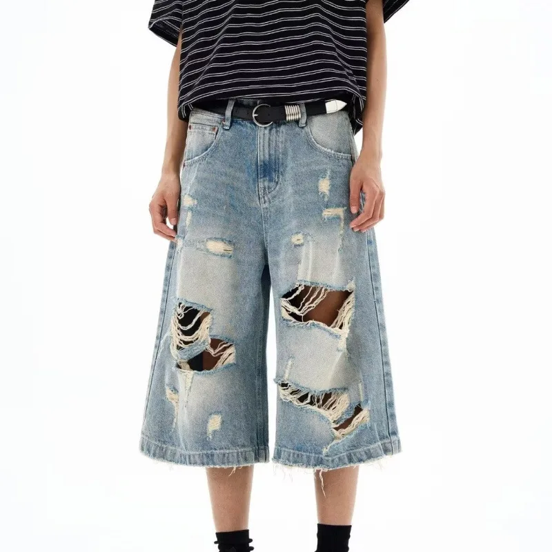New Men Vintage Ripped Baggy Short Jeans Women Grunge Distressed Oversized Jorts Y2k Retro Punk Streetwear Wide Leg Denim Shorts