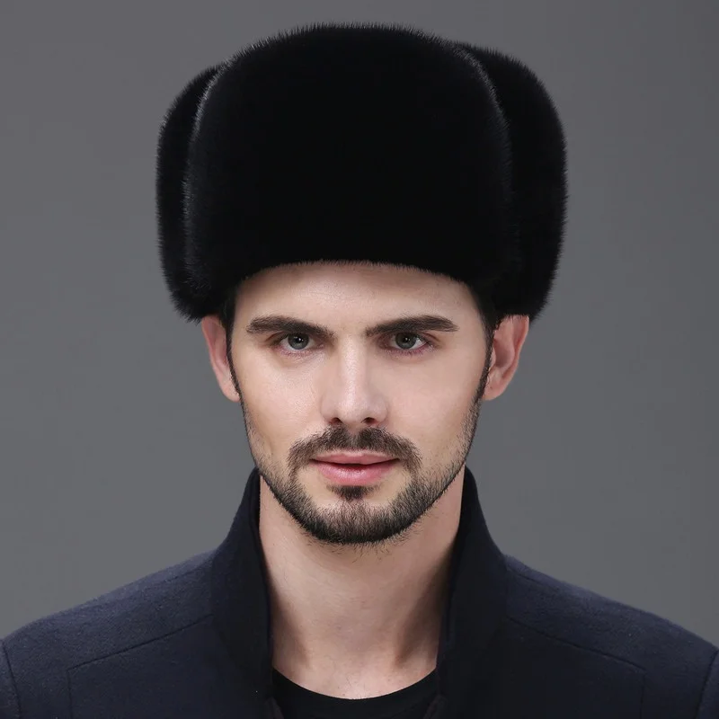 

winter hat earflap men real mink fur hats fur protect ear warm enough russian ushanka Genuine Leather bomber hat