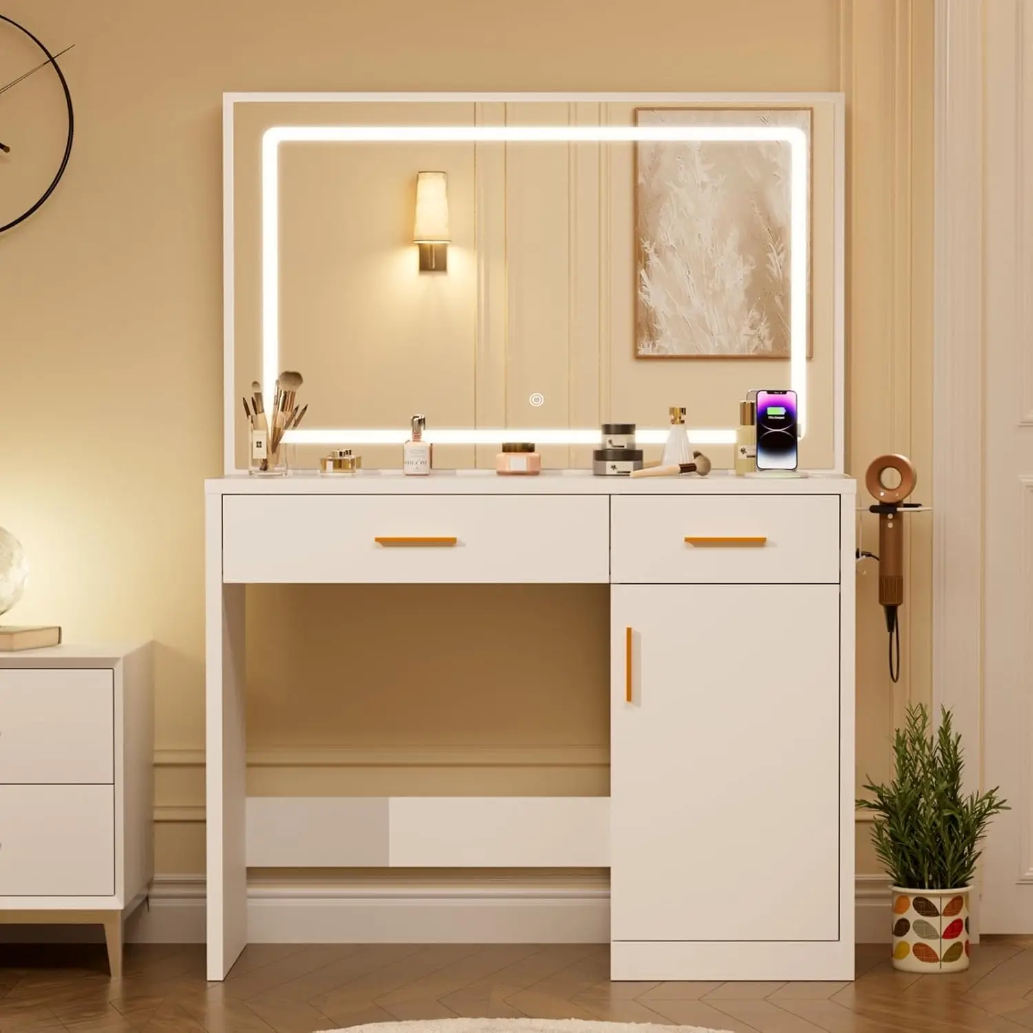 Makeup Vanity Desk, LED Mirror, Charging Station | Dressing Table, 2 Drawers, Large Cabinet, 3 Lighting Colors Adjustable