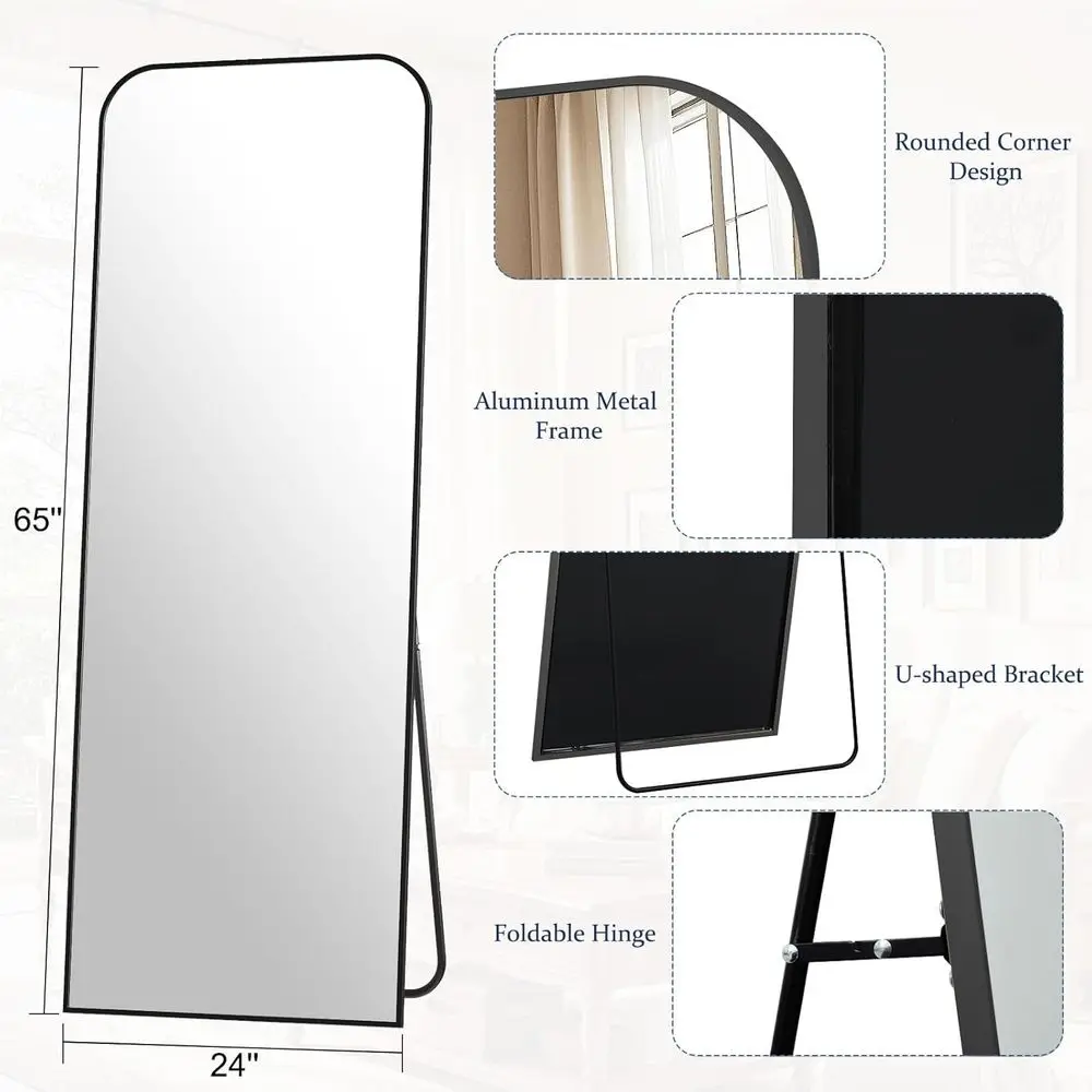 Miroir sur pied arqué, grand miroir complet 65x24 avec cadre en aluminium pour la maison, noir