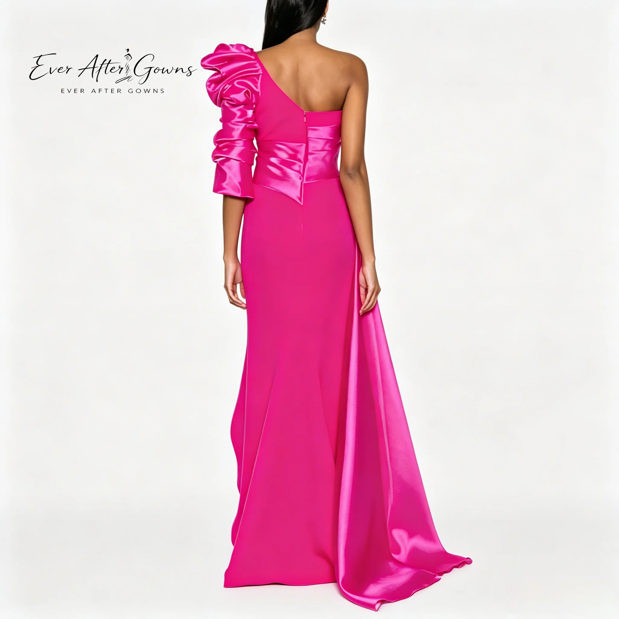 Ever After Gowns Hot Pink One Shoulder Satin Mermaid Evening Gown Large Ruffle Bow Shoulder High Slit Draped Side Train Formal