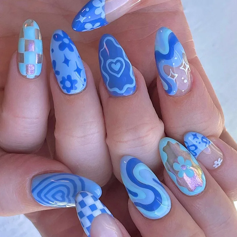 

24pcs French Blue Press-On Nails - Dainty Floral & Hearts Medium Almond Shape (Multi Sizes) False Nails With Wearing Tools