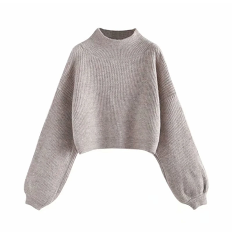 Autumn Winter Turtleneck Sweater Women Solid Color Lantern Sleeve Short Pullover Casual Warm Thick Knitted Shirt