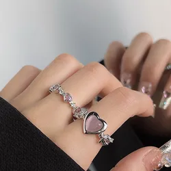 Anillos de corazón Irregular de cristal rosa para mujer, anillo abierto de amor de ópalo de circón Vintage, anillos de circón brillante Y2K para mujer, regalo de joyería de fiesta 2023