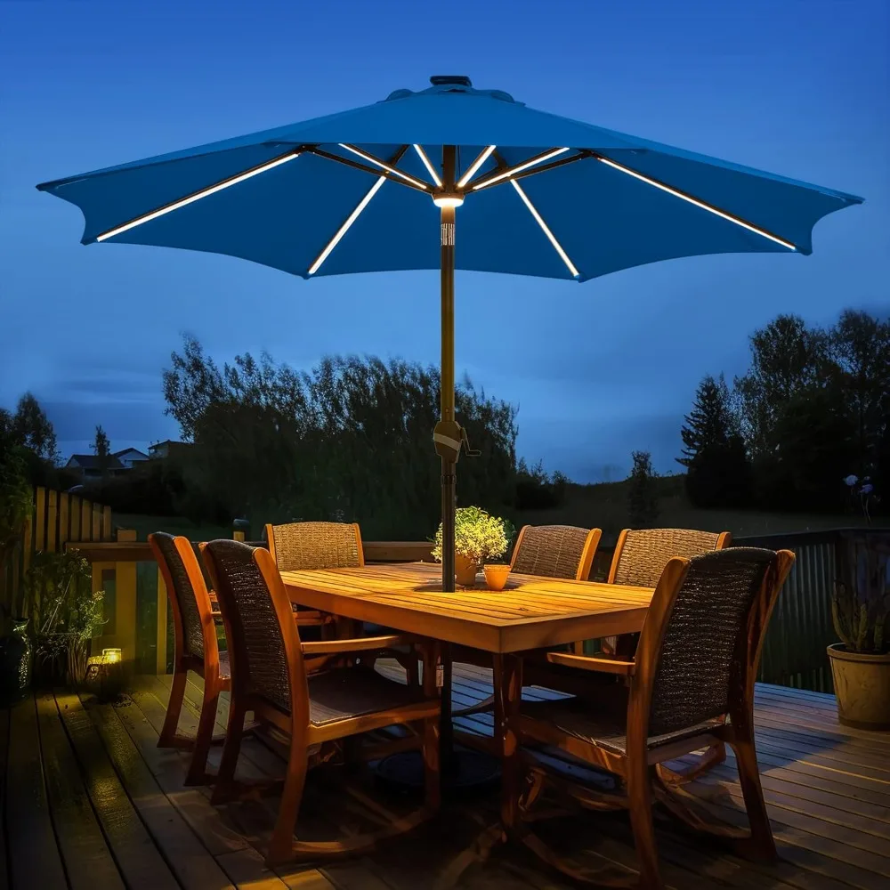 MAPLE 9 FT Outdoor Solar Patio Umbrella LED Table Umbrellas with 16 LED Strip Lights & Hub Light, Aluminum Frame, 3 YEARS F