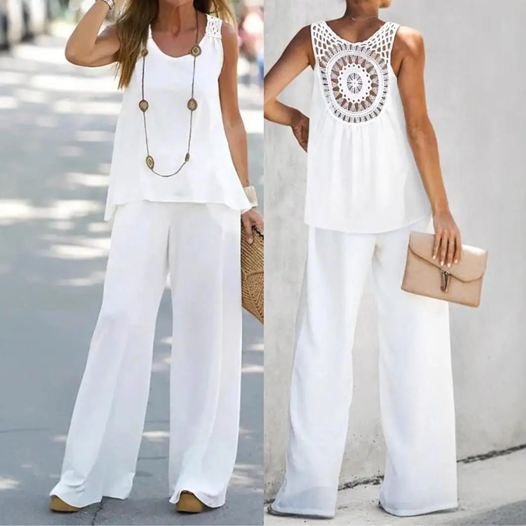 Women's Duya Ba Hollow Lace Wide Leg Pants Set Long Pants Splice Pure Color Tee-piece Set Svel Simple Sle Adult