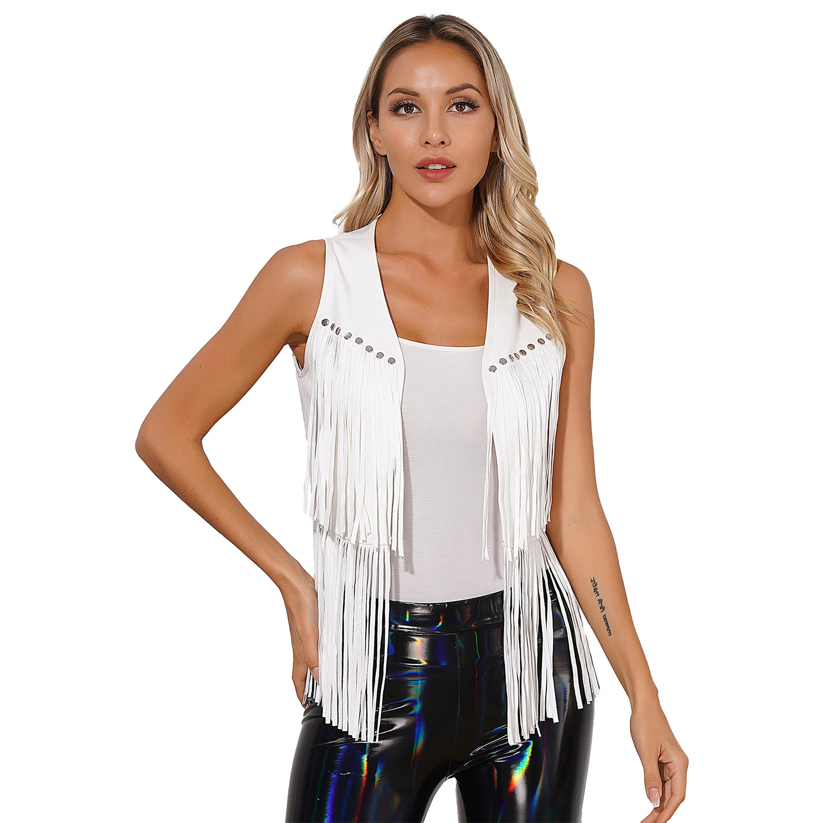 Womens Rave Party Clubwear Faux Suede Tassel Vest Fashion Rivets Fringe Waistcoat Open Front Sleeveless Jacket