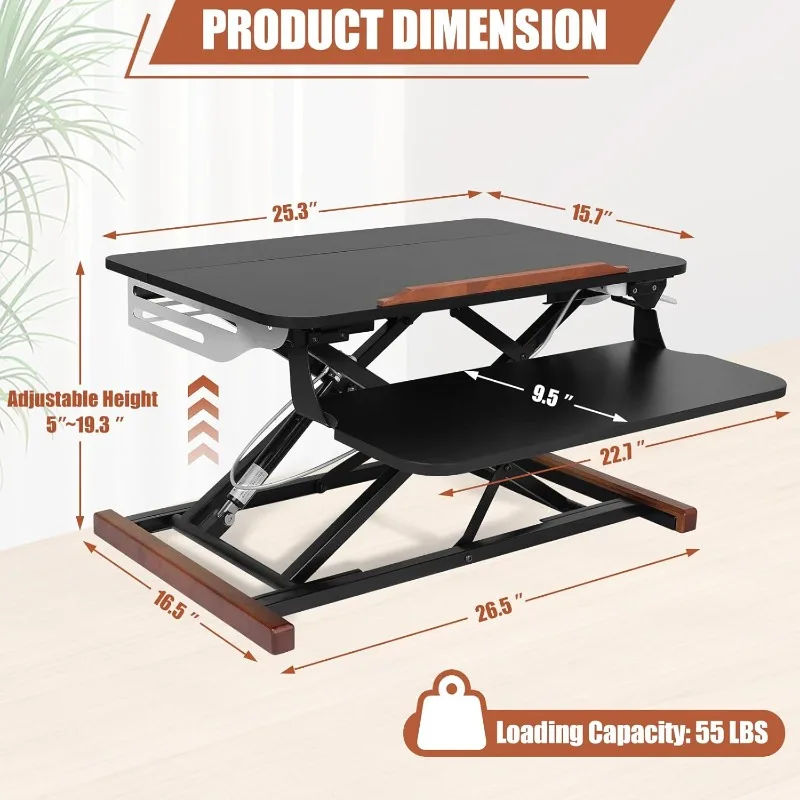 26 Inch Height Adjustable Standing Desk Converter with Tilting Tabletop, Sit to Stand Desk Riser with Keyboard Tray, Small