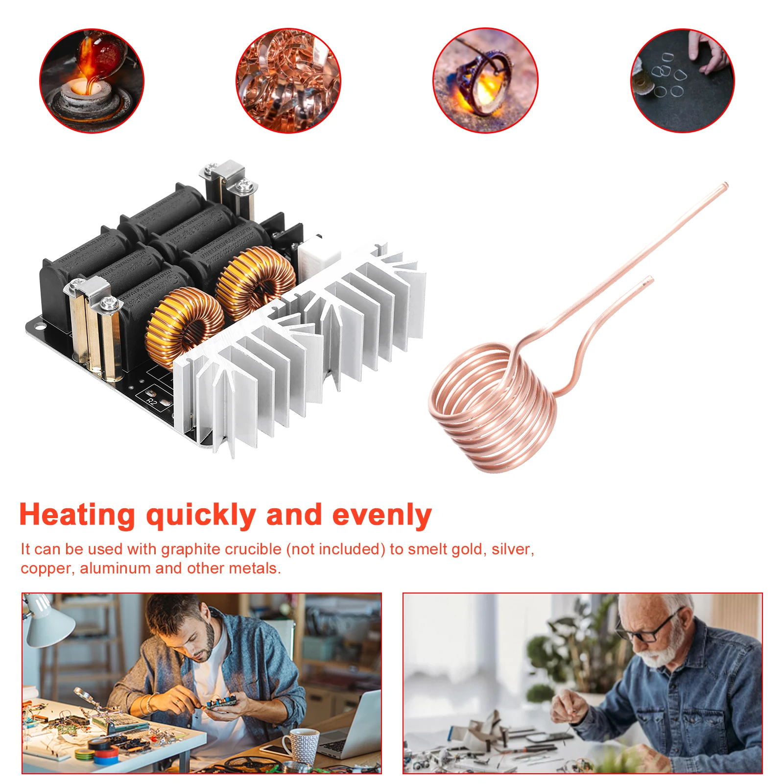 1000W ZVS Induction Heating Board Module  Voltage  Coil Flyback Driver with Copper Tube for DIY Small Parts Hardening Annealing