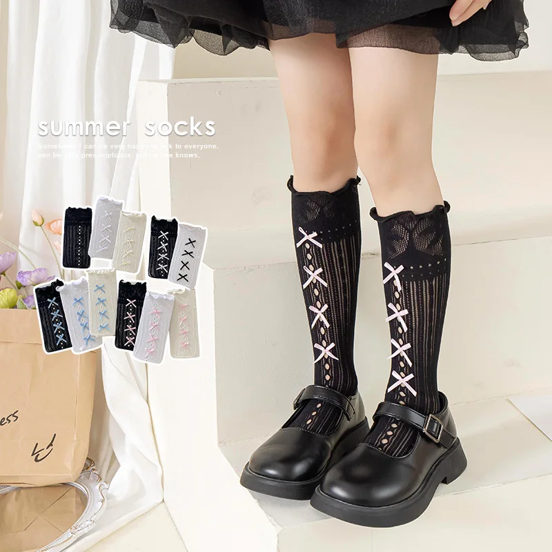 1 Pair Sweet Fishnet Mesh Kids Girl Sock Korean Fashion Lace Bow Calf Sock Spring Summer Hollow Thin Breathable School Sock