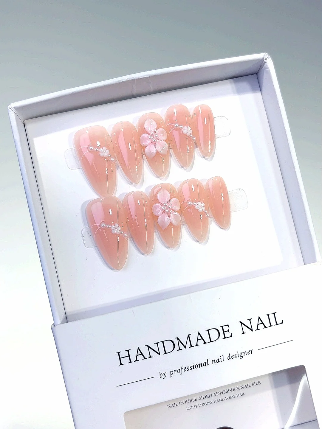 Perzikroze 3D bloem parel strass amandel pers op nagels, handgemaakte kunstnagels set voor vrouwen (C443)
