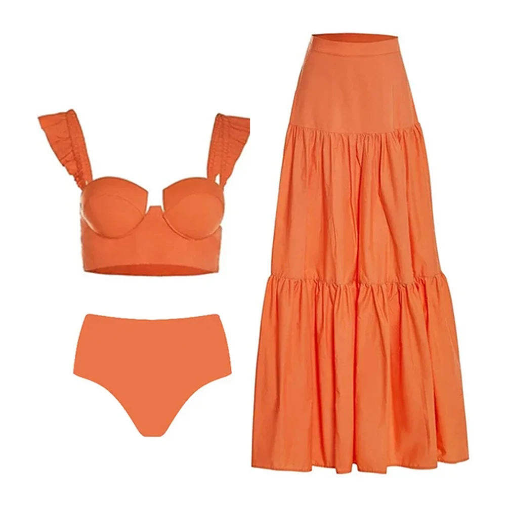 Sling Ruffle Solid Two Pieces Bikini Women High Waist Sexy Swimsuit Beach Skirt Summer Fashion Backless Beachwear Cover Up 2023