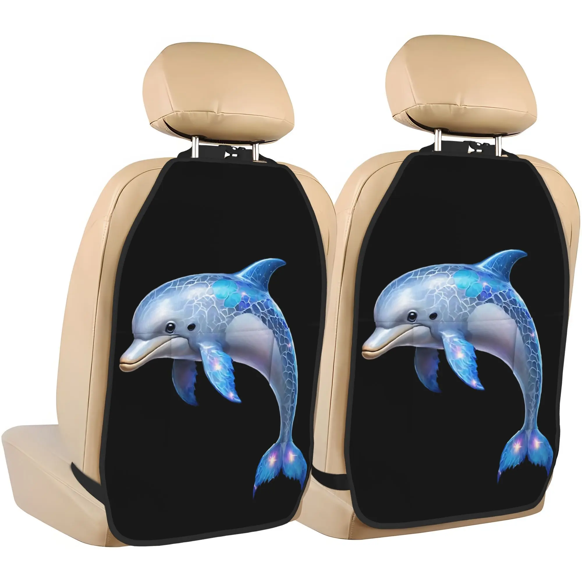 2D Printed Design, Set Of 2 Magical Sparkle Dolphin Car Seat Back Anti Kick Mats. Stylish Printed Storage Organizer Keeps Your C
