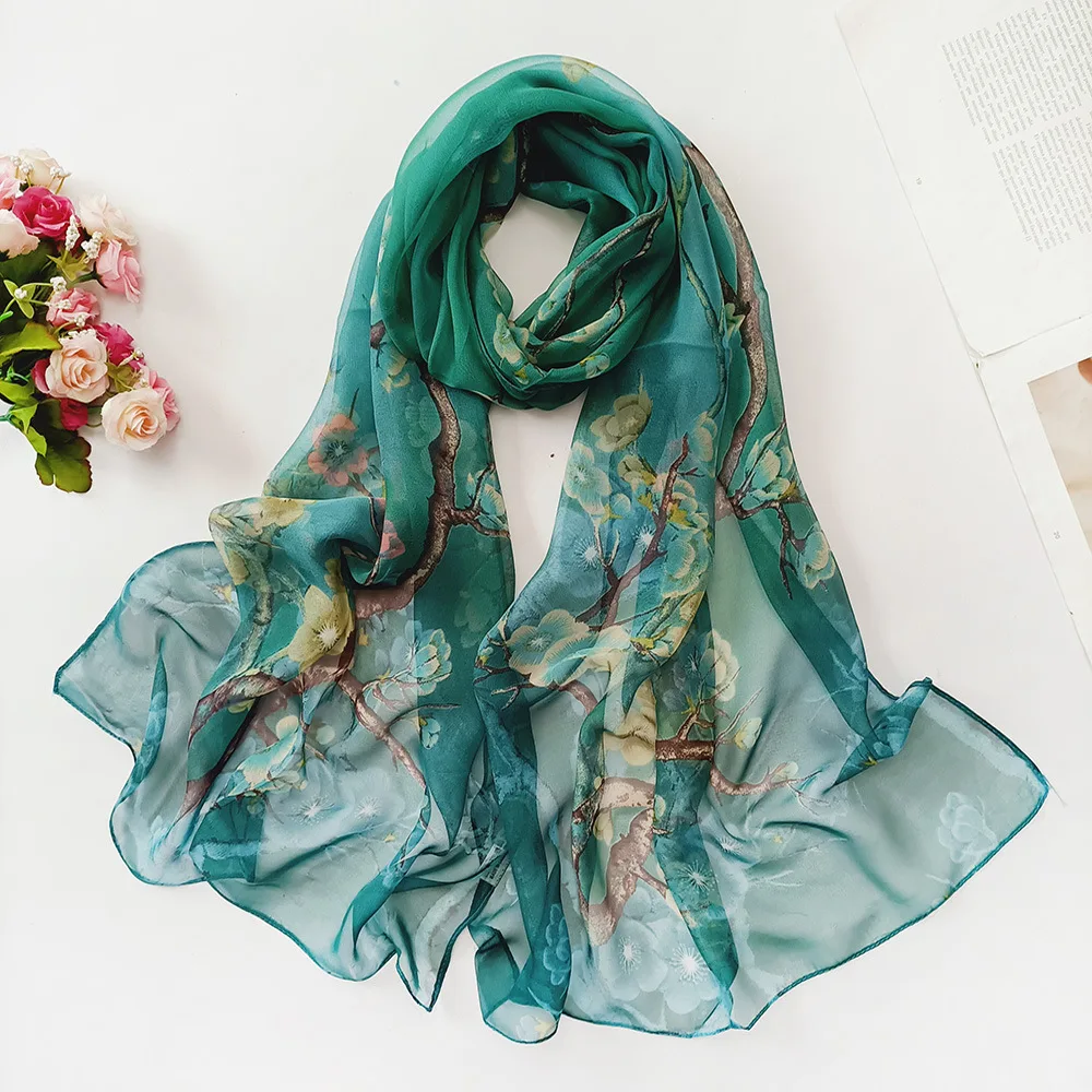 Women Silk Scarves Chiffon Wraps Shawls Thin Hijab Scarf Ladies Floral Print Bandana Head Scarfs Sunscreen Seaside Beach Turban