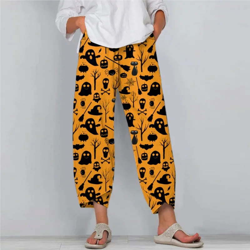 2024 Women's New Halloween Pumpkin Ghost Cosplay Funny Casual Nine-Point Pants Personalized Loose Trousers Women's Bloomers