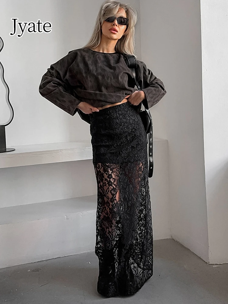 

Jyate Retro Black Lace Skirt See-through Sexy Ankle-length Skirt Summer Fashion Commuter Versatile Maxi Skirts For Women Jupe