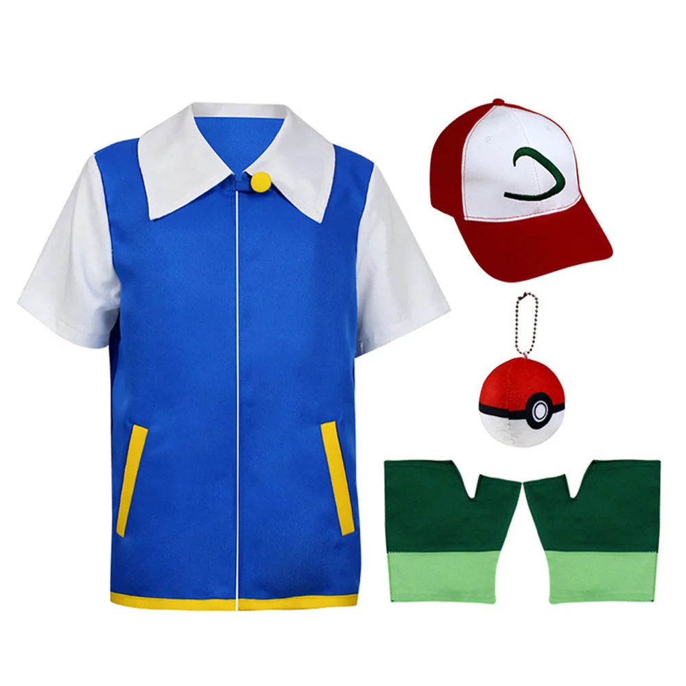 Ash Ketchum Clothes Anime Men Blue Jacket Po Ke Mon Cosplay Boys Girls Halloween Women Party Blue Jacket Cap and Gloves Sets