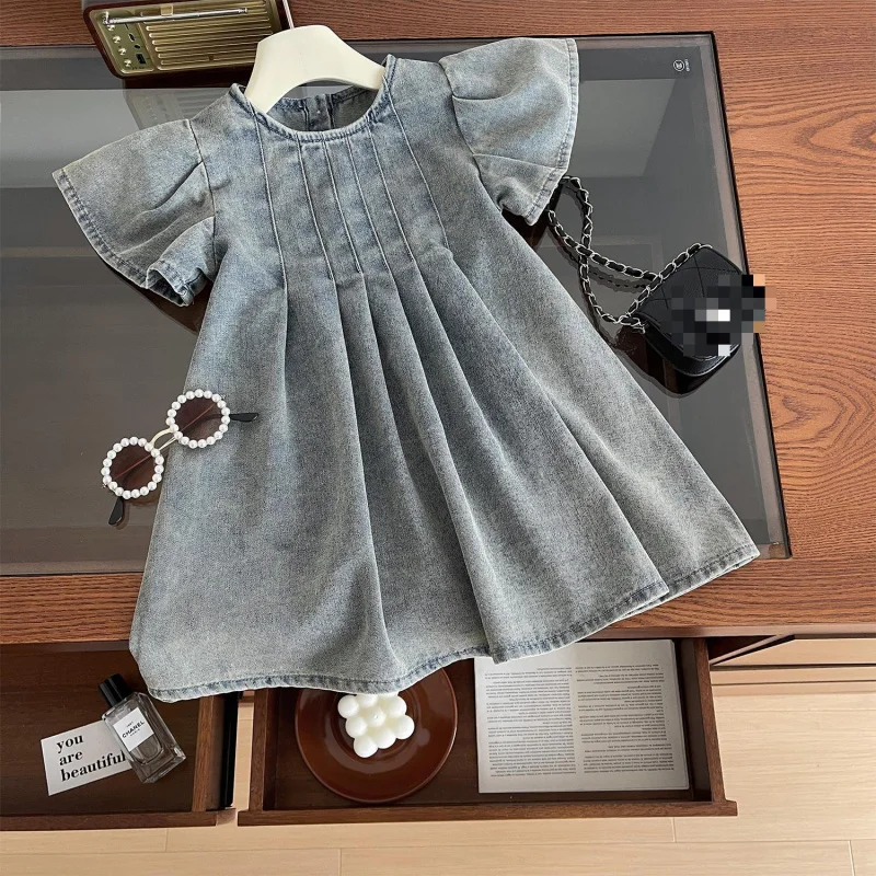 

2025Girls' Summer New Korean Style Washed Soft Flutter Sleeve Denim Dress