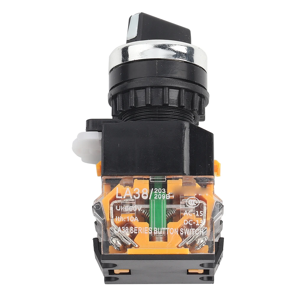 

3-position, 2-NO, normally closed rotary selector switch LA38-20X3 3-position, self-latching rotary selector pushbutton switch