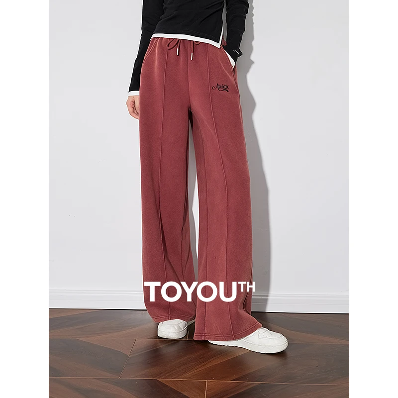 

TOYOUTH Women Casual Pants 2024 Autumn and Winter New Elastic Waist Thicking Warm Straight Wide Leg Lazy Style Sports Pants