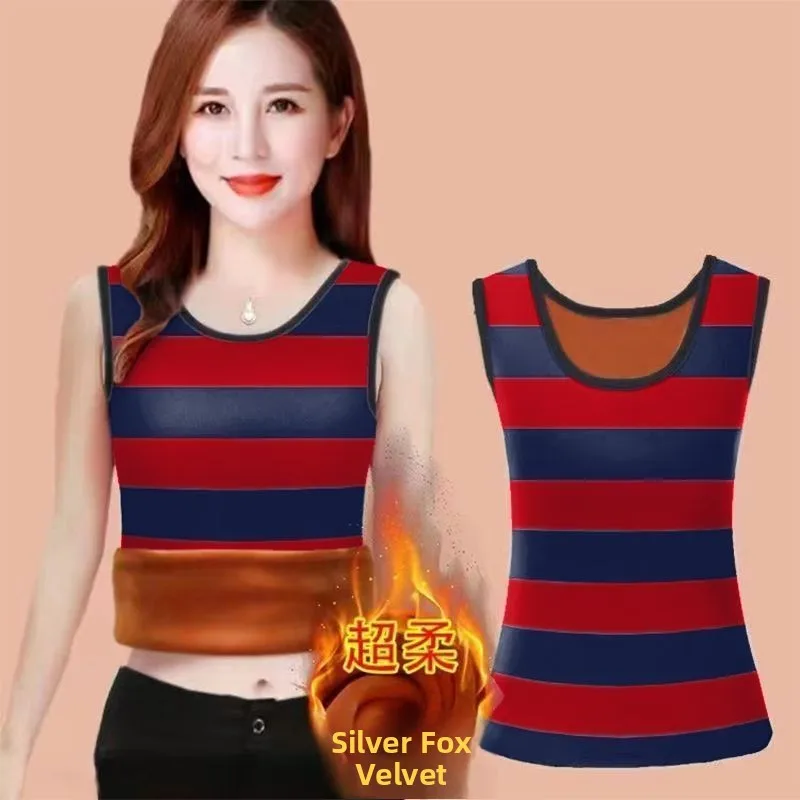 Ultra Soft Silver  Velvet Base Shirt Women's Sleeveless Thickened Warm Vest Casual Loose Fit T-shirt for Autumn And Winter