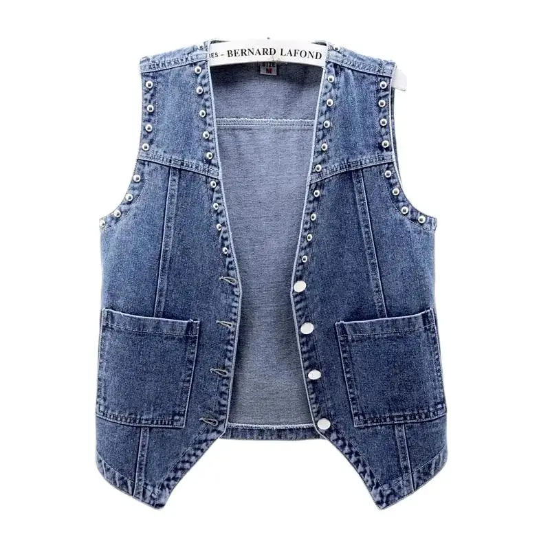 Fashion Denim Vest Women's Sleeveless Denim Jacket Tops 2024 New Spring Autumn Korean Rivet Cowboy Waistcoat Outerwear Female