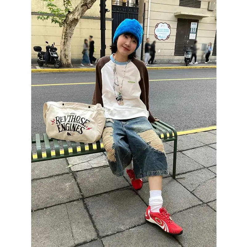 Calças Jeans Rasgadas de Perna Larga 7/8 Unissex Estilo Americano Solto com Design Exclusivo para o Verão