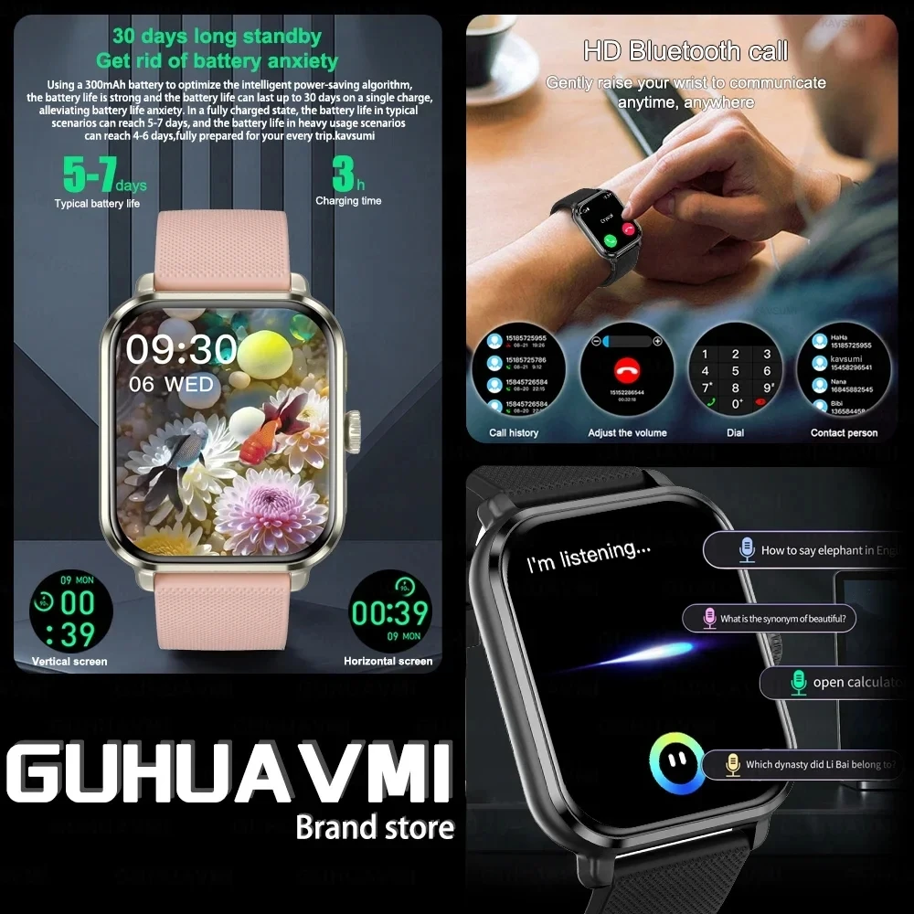 HD Voice Call Women Smartwatch 1.85\'\' AMOLED Screen Full Touch Watch Ladies Heart Rate Blood Glucose Monitor Smart Watch For IOS