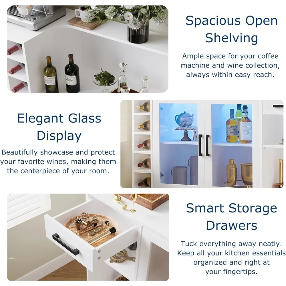 Barkasten voor thuis, wijnkast met opbergruimte, LED-verlichting en wijnhouder, drankkastbar voor thuiskeuken