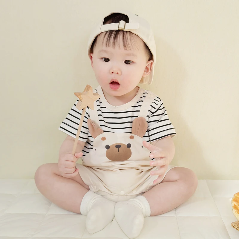 Baby pure cotton one-piece harem summer male and female baby fake two-piece overalls fashionable short-sleeved harem