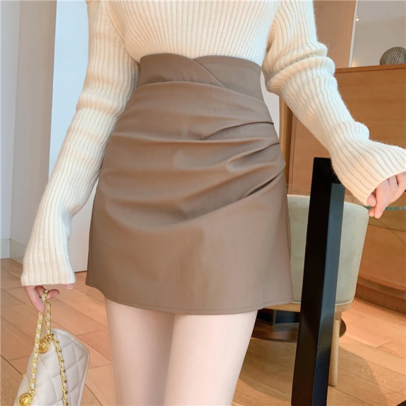 HELIAR Women Solid A-line Office Skirts Irregular Casual Skinny PU Skirts High Waist Party Bodycon Skirts Spring Summer