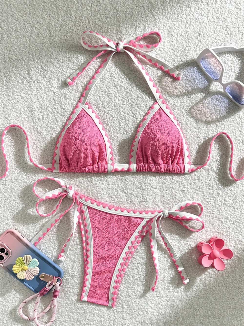 Bikini arrugado con tirantes festoneados para mujer, traje de baño Sexy Y2K con espalda descubierta, trajes de baño para vacaciones, traje de baño, Bikinis para nadar