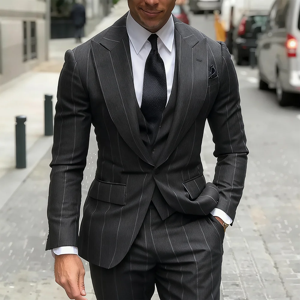 

Men's Slim Fit Pinstripe Suit 3 Pieces Set Navy Blue Big Shawl Lapel Single Button Blazer Business Formal Wedding Party Tuxedo