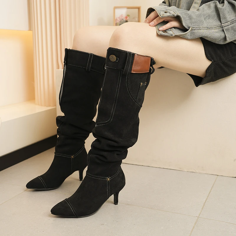 2025 Autumn and Winter Pointed Toe Niche Temperament Design Sense Retro Pile Boots Suede Fashion Stiletto High Heels