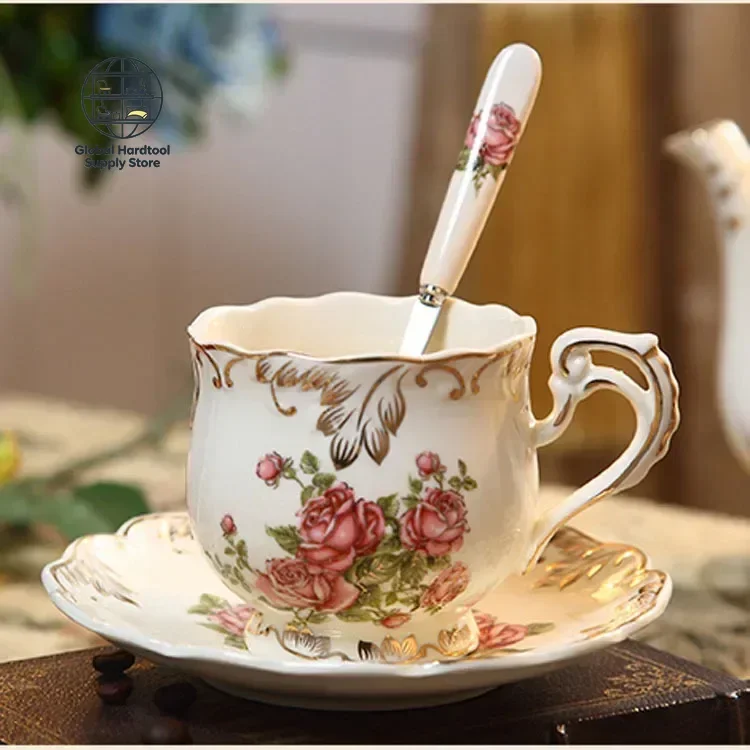 British Ivory Porcelain Coffee Cups and Saucers Set Vintage Floral Painted Rose Household Breakfast Cup Ceramic Afternoon Teacup