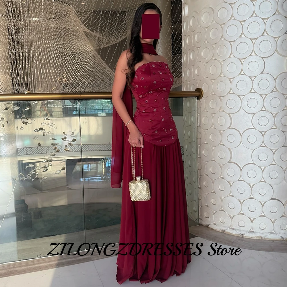 Formal borgonha cetim e chiffon vestido de noite personalizado sem alças sem mangas vestidos de baile miçangas fitas vestidos de festa