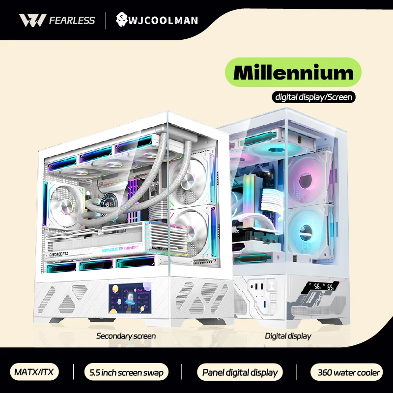 WJCOOLMAN Millennium MATX PC Case 5.5 Inch Screen/Digital Display 360 Water Cooler Sea View Room Customize Screen Computer Case