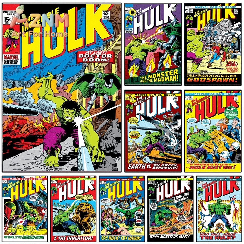 AZNM The Incredible Hulk At Last Doctor Doom Vintage Comic Collage Canvas Wall Art Unframed Print, Superhero Poster for Bedroo