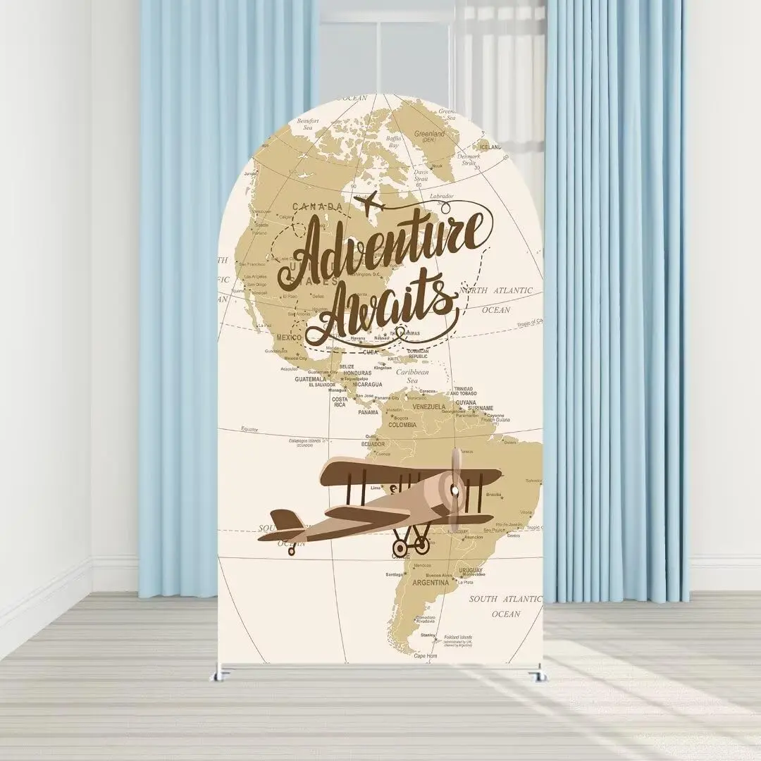 Adventure Awaits Backdrop Arch Cover Retro World Map Pattern Arch Stand Cover Airplane Boy Baby Shower Party Decoration