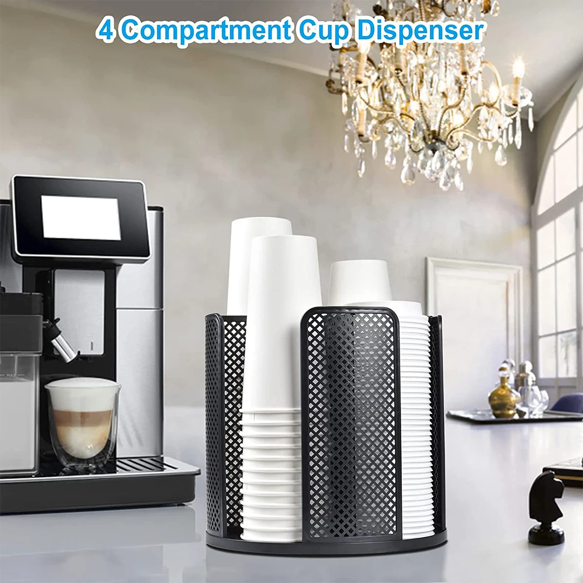 Rotatable Plastic Cup Storage Organizer 360°Dispenser 4 Compartment Cups and Lids Holder Detachable Desktop Coffee Cup Dispenser