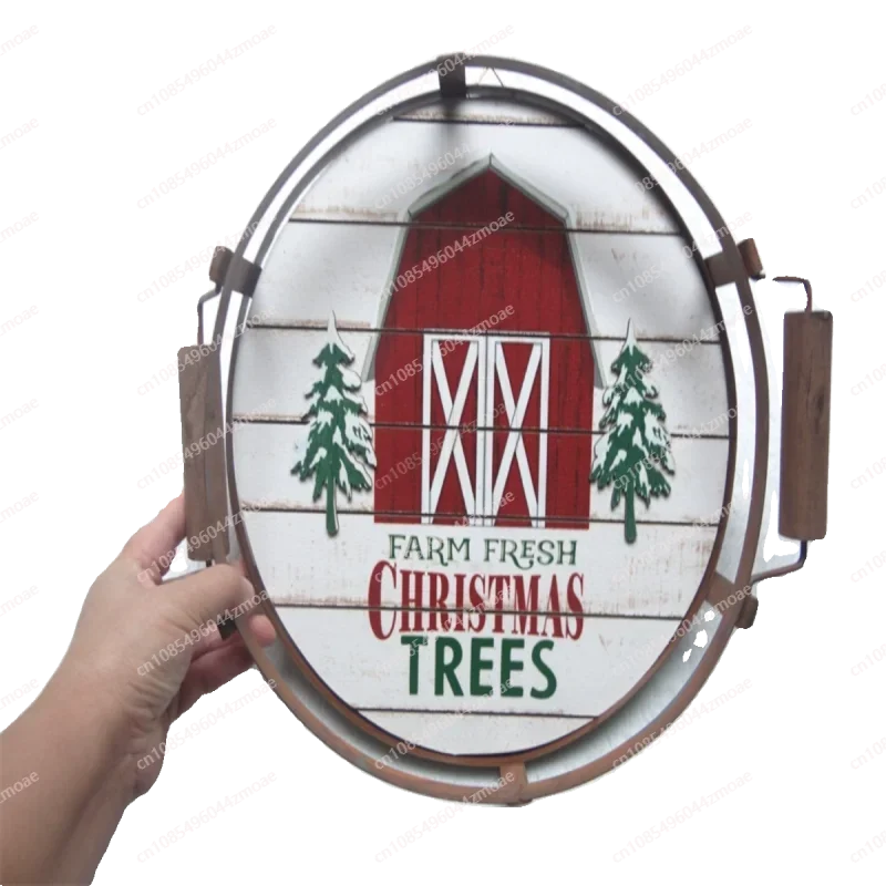 Christmas Decoration Binaural Tray, Wood and Wrought Iron Storage Plate Can Be Hung and Wall Decoration Can Be Placed