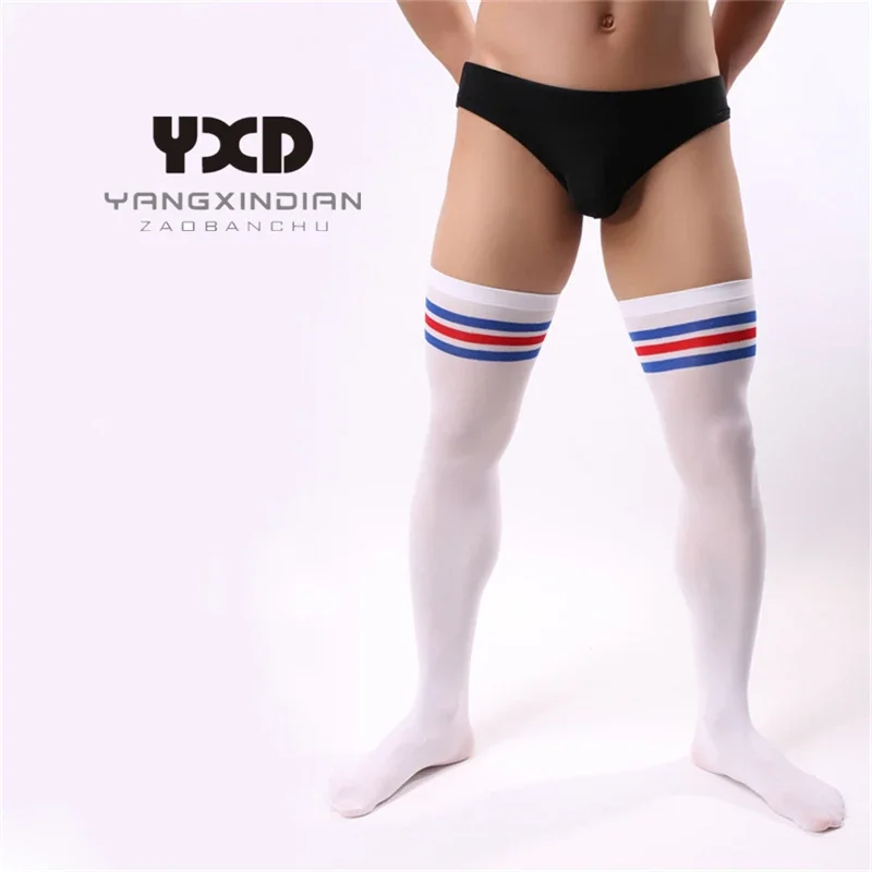 Chaussettes longues en velours à haute élasticité pour hommes, bas de cuisse respirants, chaussettes de sport de football, chaussettes rayées pour