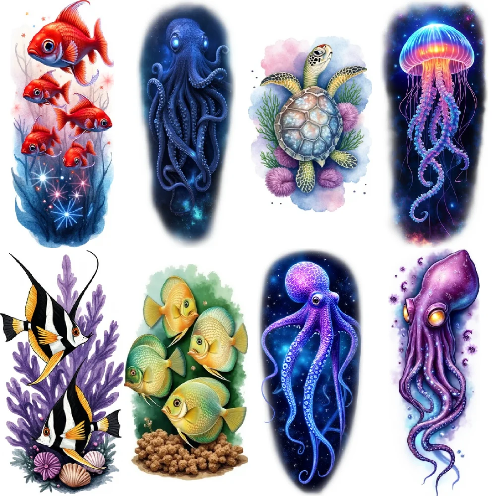 

12 шт., временные татуировки, Золотая рыбка, водонепроницаемые долговечные наклейки для тела, черепаха, анфалиш, красочный реализм, кальмар для взрослых
