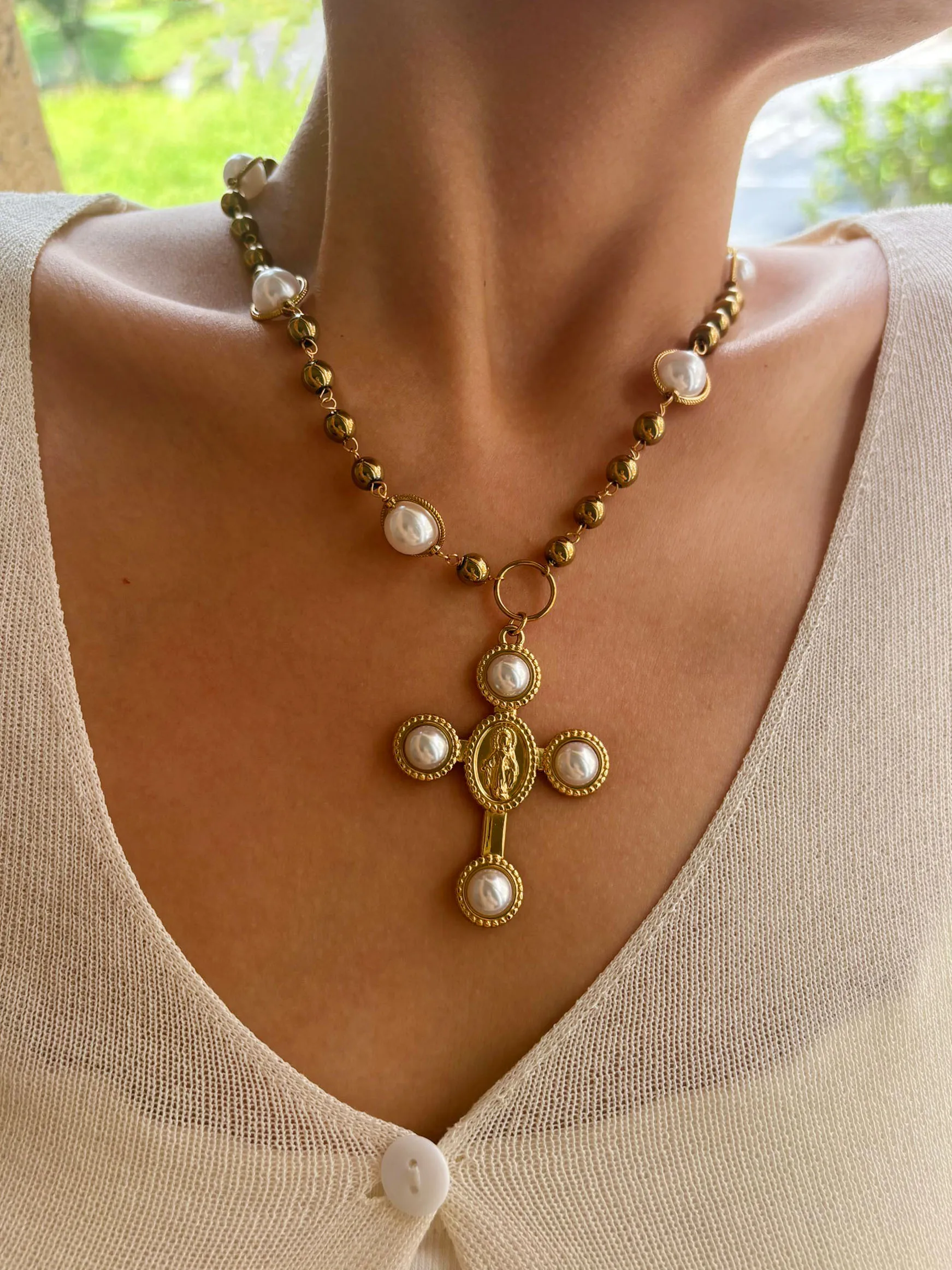 Peri'sbox imitação de pérola de aço inoxidável cruz madonna pingentes colar feminino charme personalizado joias da moda presentes