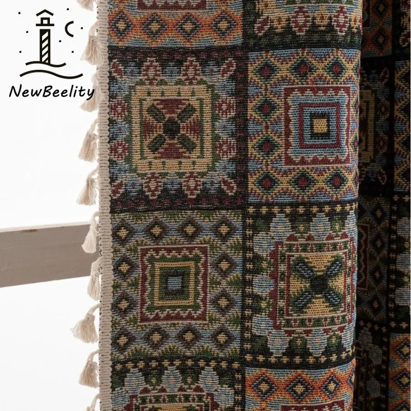 Diamond Geometric Jacquard American Contrast Curtains for Living Dining Room Bedroom Kitchen Curtain Bay Window Semi-blocking